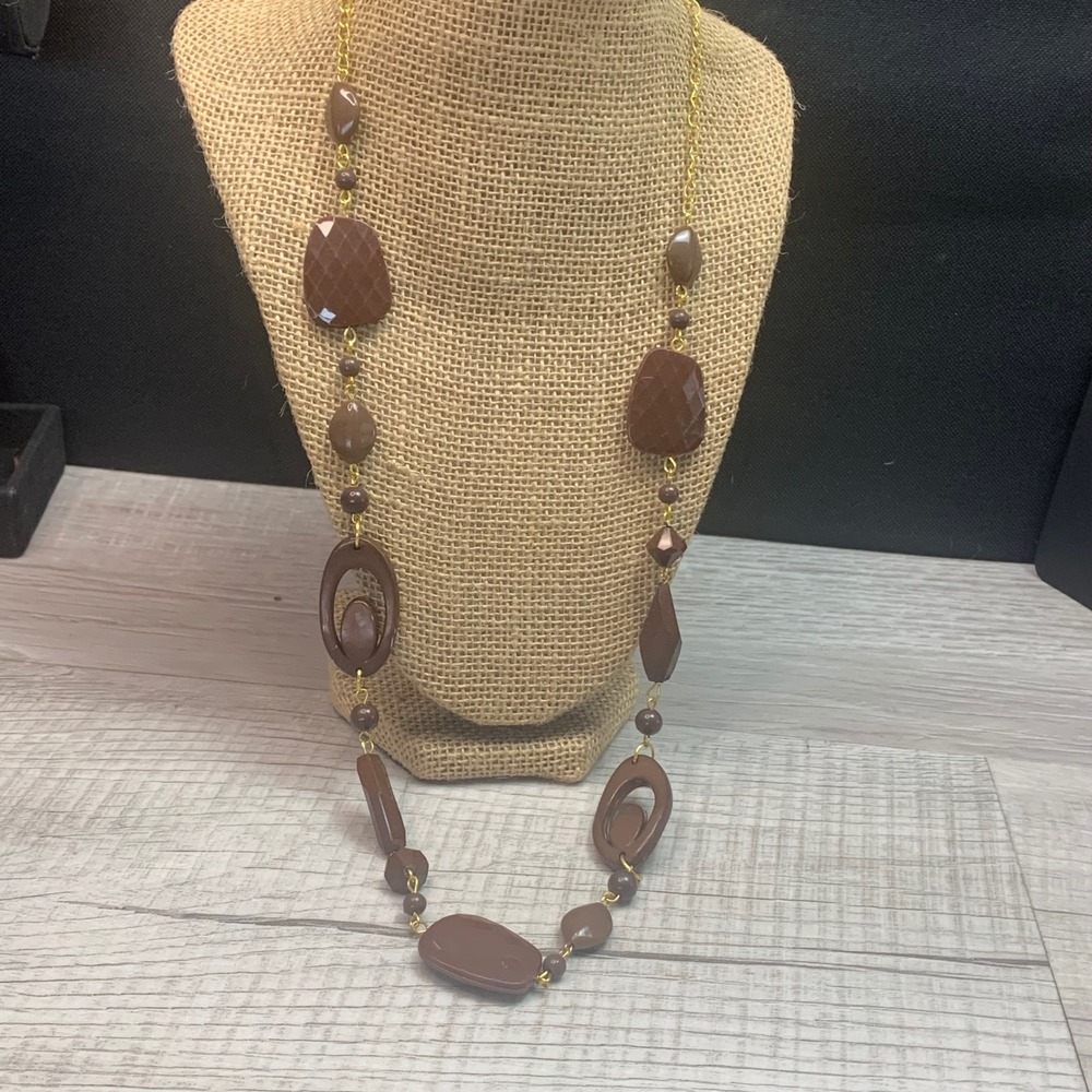 Brown Chunky Multi Shape Bead Necklace & Earring Set Gold Tone 28 Inch 5528